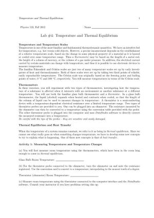 Lab #4: Temperature and Thermal Equilibrium