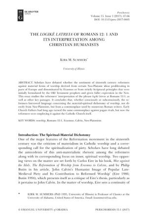 The Logikē Latreia of Romans 12: 1 and Its Interpretation Among Christian Humanists