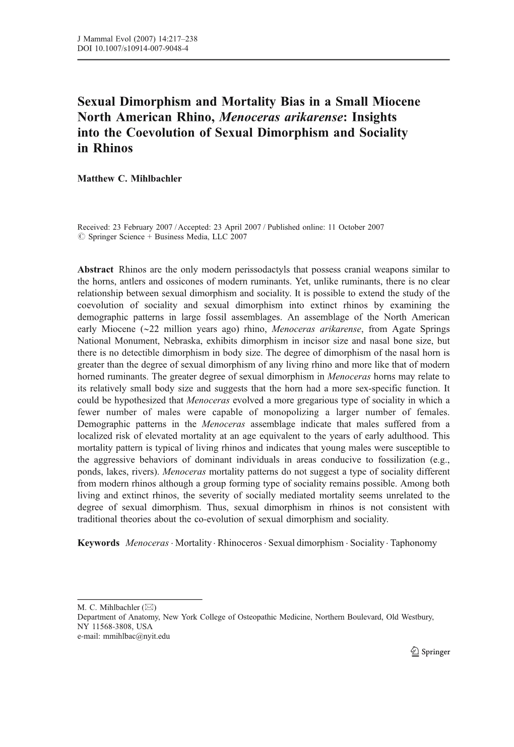 Sexual Dimorphism and Mortality Bias in a Small Miocene North American Rhino, Menoceras Arikarense