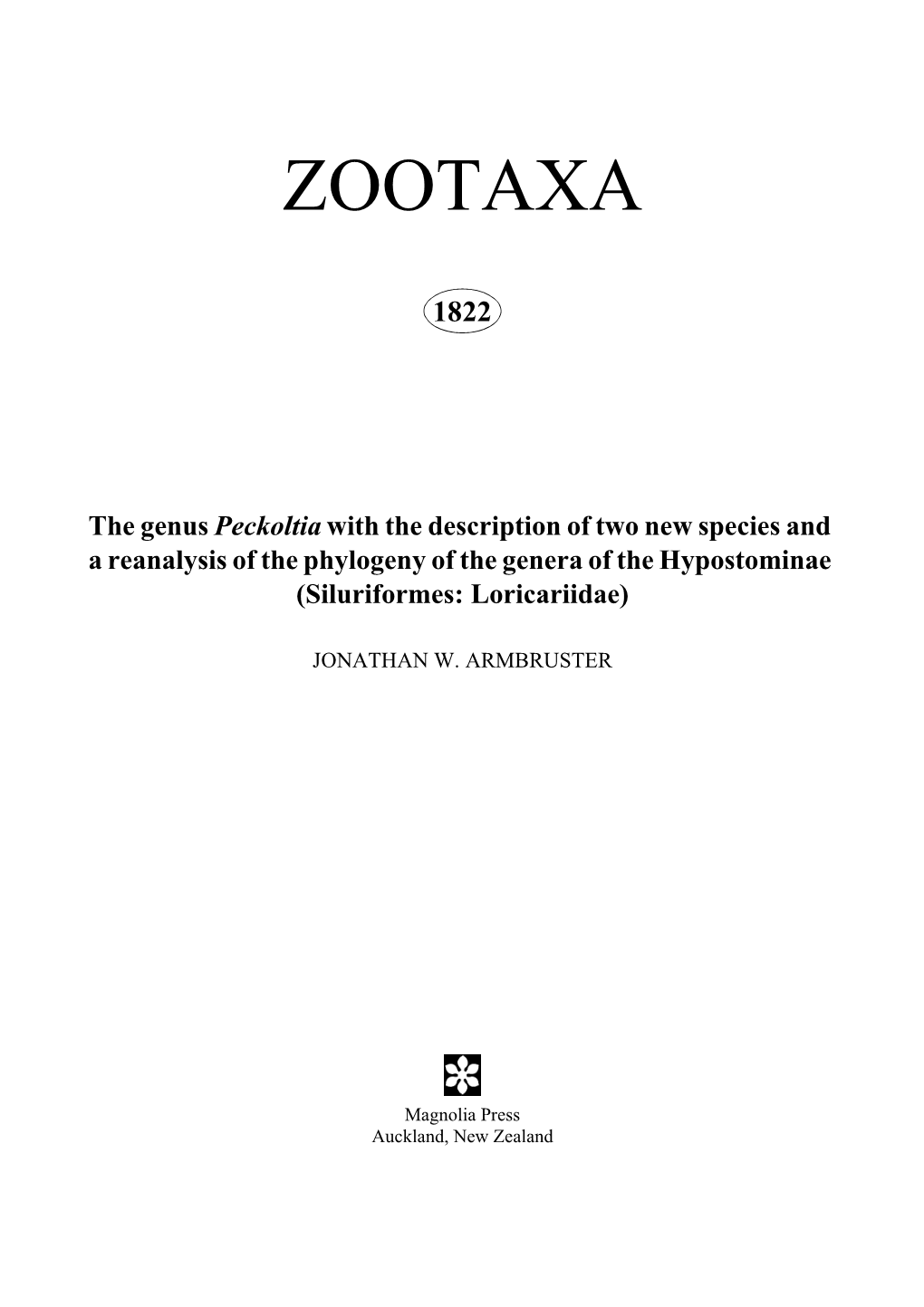 Zootaxa, the Genus Peckoltia with the Description of Two New Species and a Reanalysis