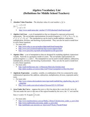 Algebra Vocabulary List (Definitions for Middle School Teachers)