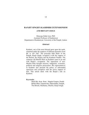Ranjit Singh's Kashmir Extensionism by Dr. Khawja Zahid Aziz