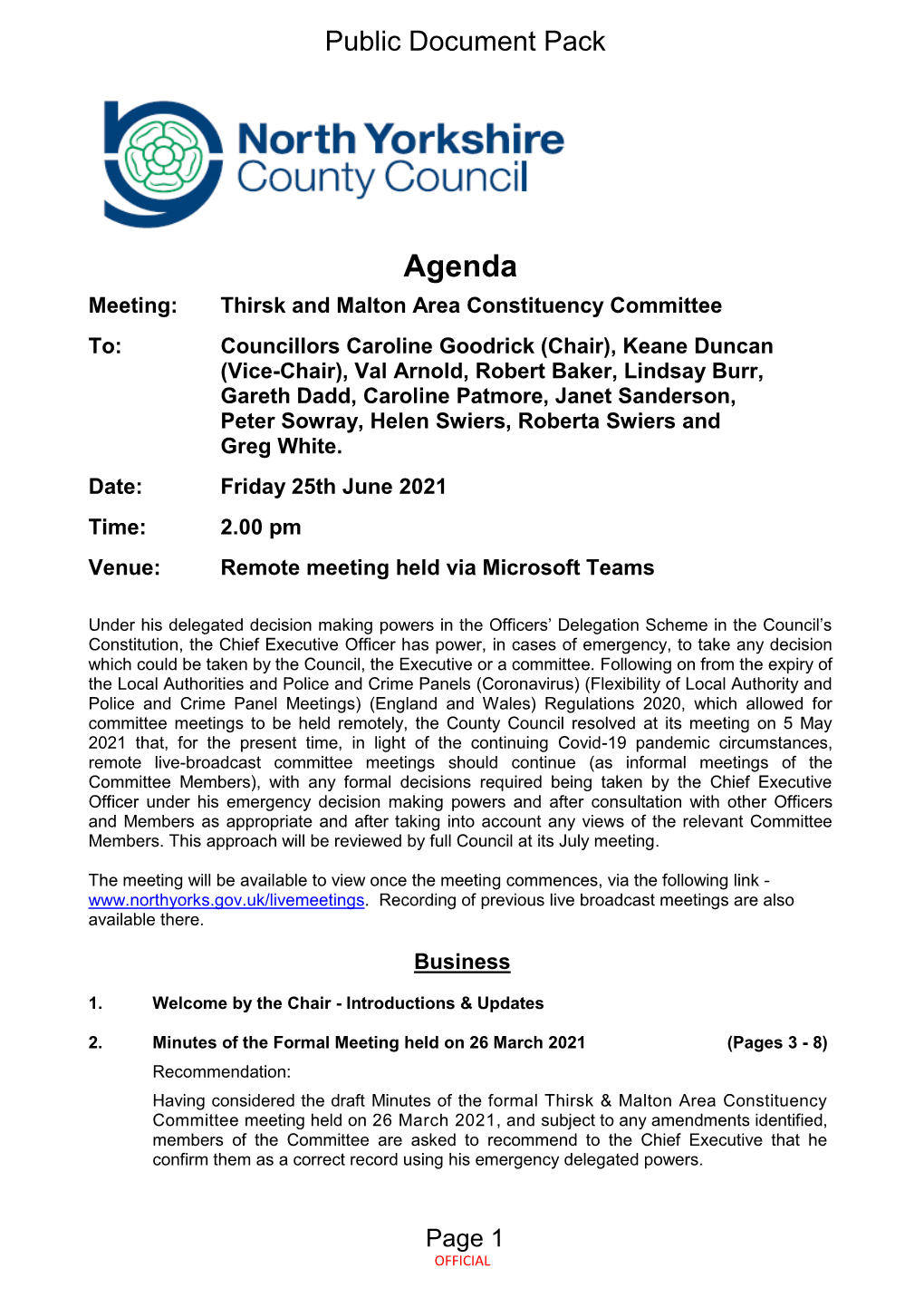 (Public Pack)Agenda Document for Thirsk and Malton Area Constituency Committee, 25/06/2021 14:00