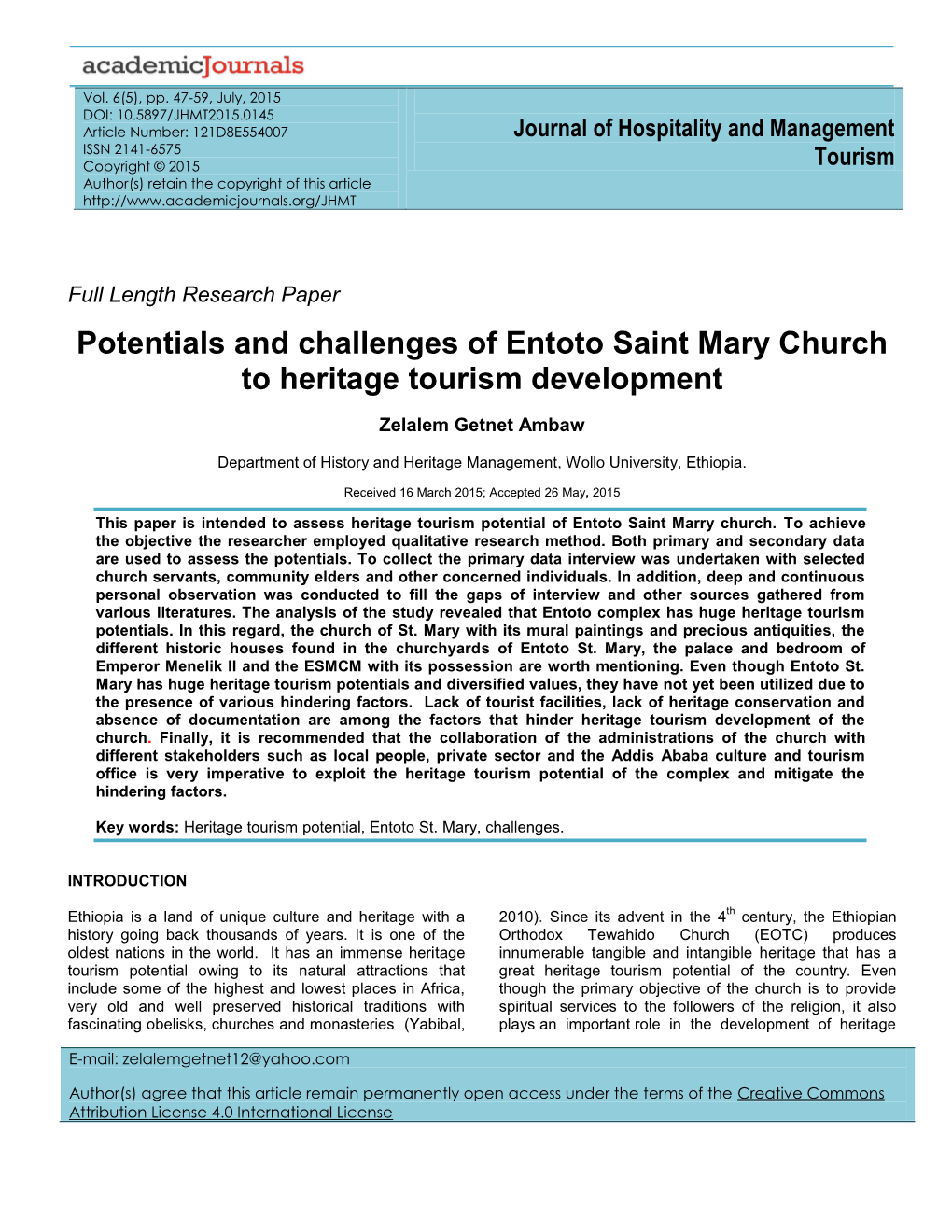 Potentials and Challenges of Entoto Saint Mary Church to Heritage Tourism Development