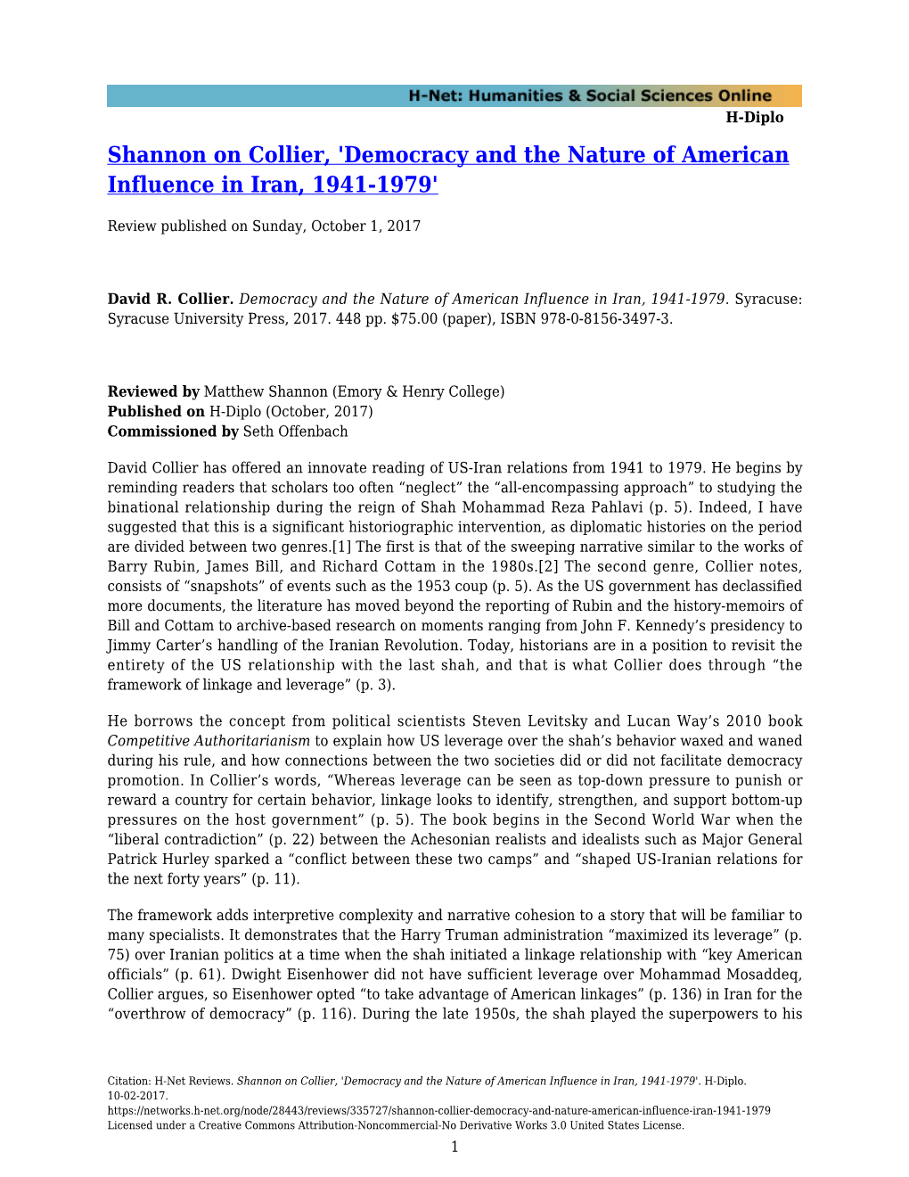 Democracy and the Nature of American Influence in Iran, 1941-1979'