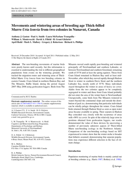 Movements and Wintering Areas of Breeding Age Thick-Billed Murre Uria Lomvia from Two Colonies in Nunavut, Canada