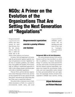 Ngos: a Primer on the Evolution of the Organizations That Are Setting the Next Generation of "Regulations"