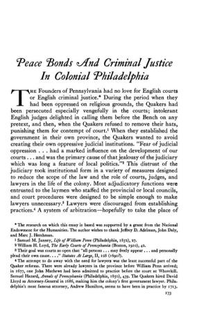 Peace 'Bonds Zand Criminal Justice in Colonial 'Philadelphia