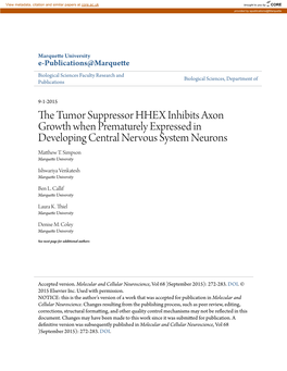 The Tumor Suppressor HHEX Inhibits Axon Growth When Prematurely Expressed in Developing Central Nervous System Neurons