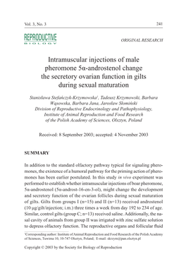 Intramuscular Injections of Male Pheromone 5Α-Androstenol Change the Secretory Ovarian Function in Gilts During Sexual Maturation