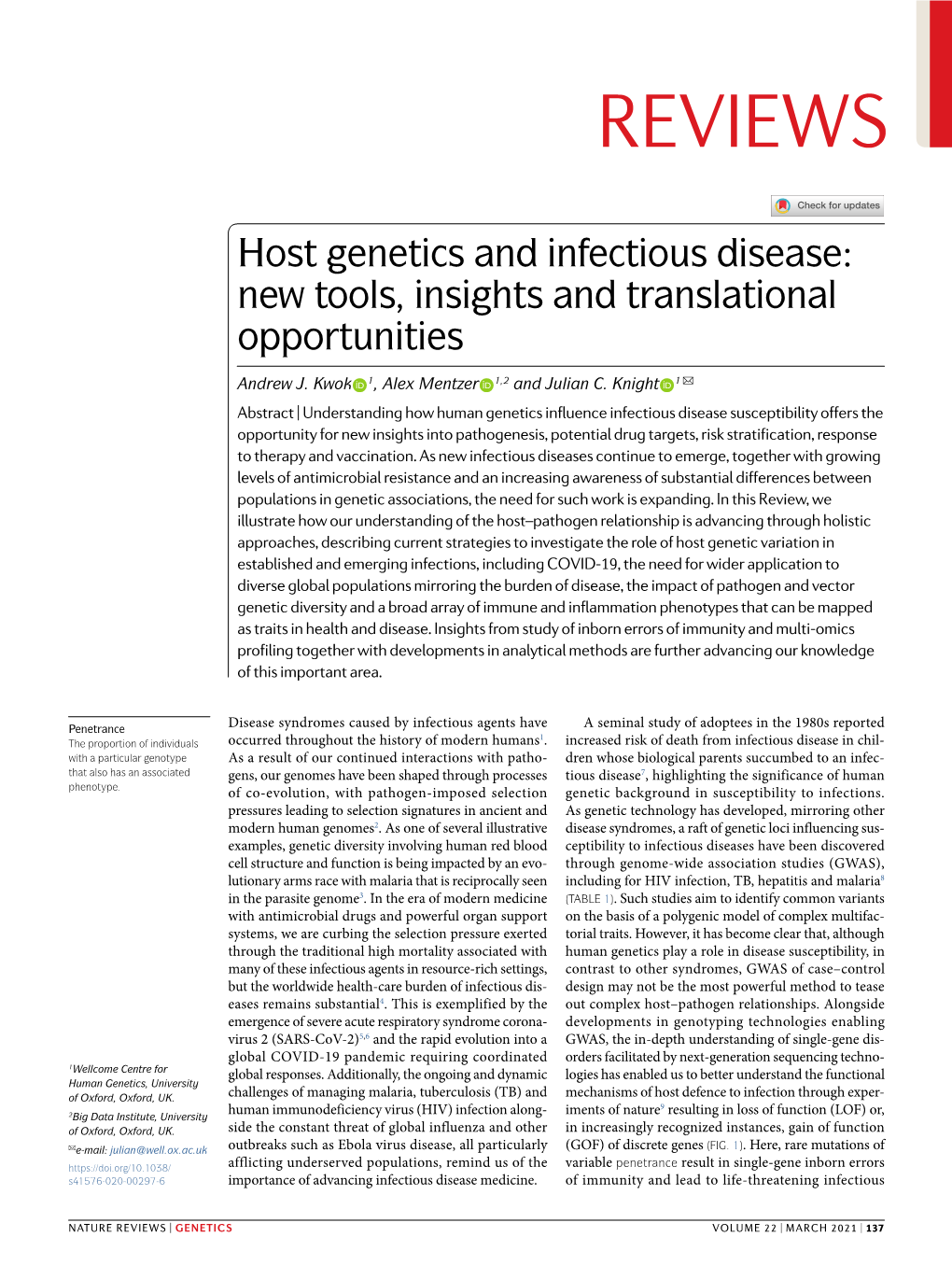 Host Genetics and Infectious Disease: New Tools, Insights and Translational Opportunities