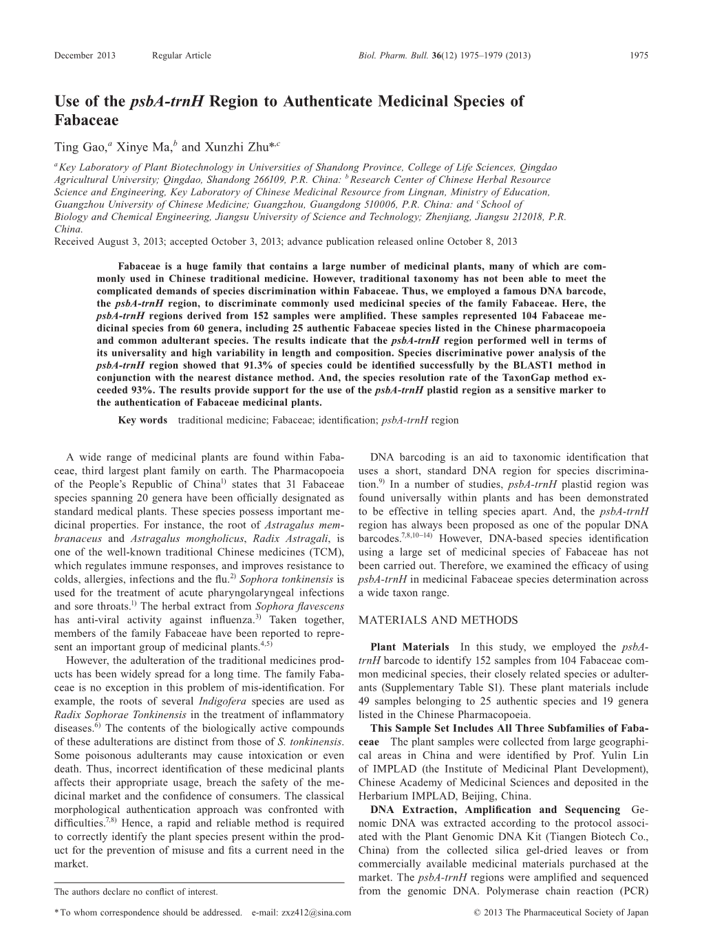 Use of the Psba-Trnh Region to Authenticate Medicinal Species of Fabaceae