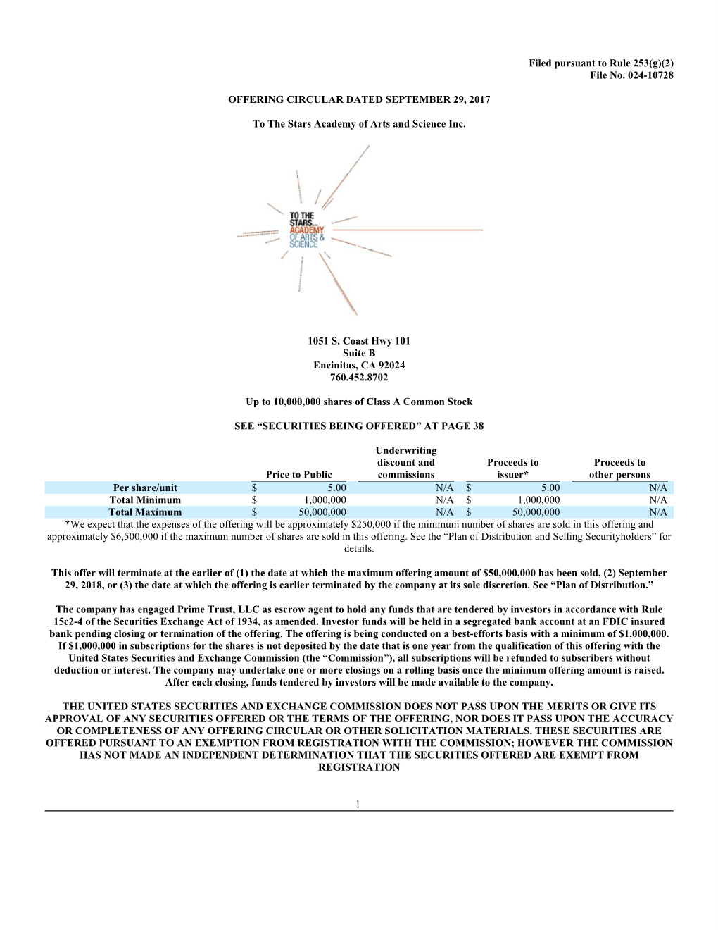 Offering Circular Dated September 29, 2017