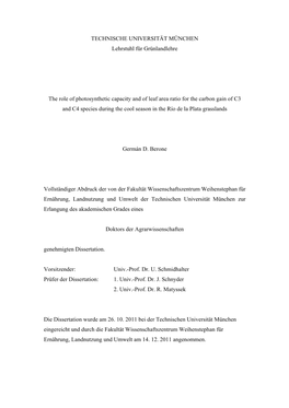 The Role of Photosynthetic Capacity and of Leaf Area Ratio for the Carbon Gain of C3 and C4 Species During the Cool Season in the Río De La Plata Grasslands