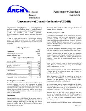 Unsymmetrical Dimethylhydrazine (UDMH) Technical Data Sheet