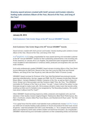 Grammy Award Winners Created with Avid's Proven and Trusted, Industry