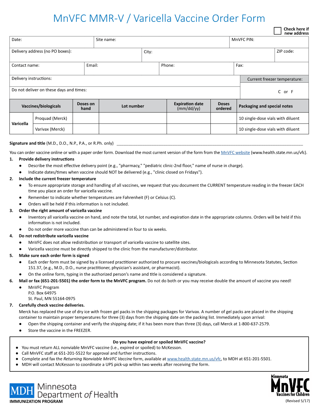 Mnvfc MMR-V / Varicella Vaccine Order Form Check Here If New Address Date: Site Name: Mnvfc PIN