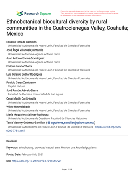 Ethnobotanical Biocultural Diversity by Rural Communities in the Cuatrocienegas Valley, Coahuila; Mexico