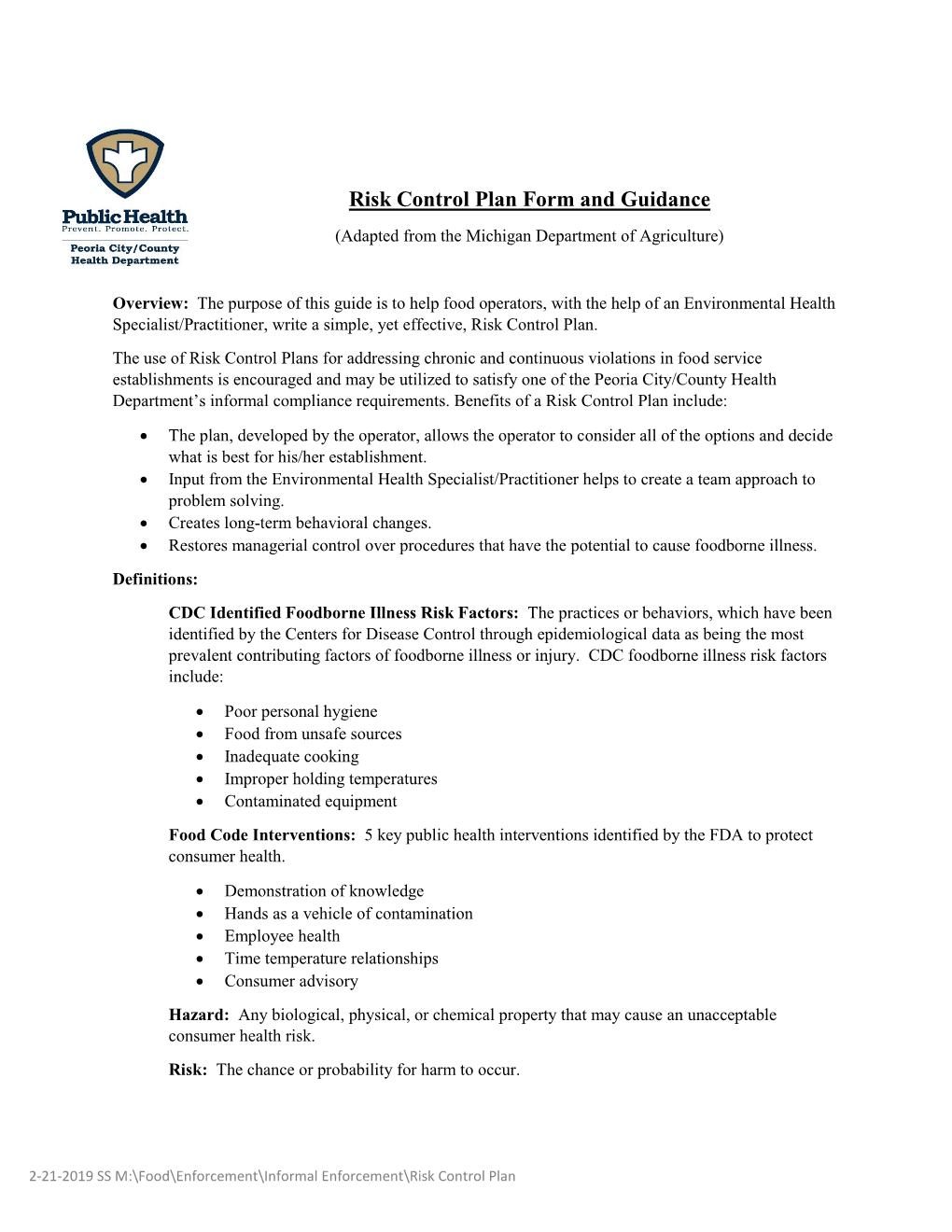 Risk Control Plan Form and Guidance (PDF)