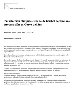 Preselección Olímpica Cubana De Béisbol Continuará Preparación En Corea Del Sur