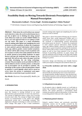 Feasibility Study on Moving Towards Electronic Prescription Over Manual Prescription Dharmendra Godhani1, Prerna Singh2, Deeksha Jangdekar3, Nikita Thadani4