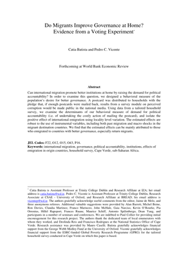 Do Migrants Improve Governance at Home? Evidence from a Voting Experiment *