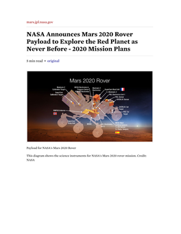 NASA Announces Mars 2020 Rover Payload to Explore the Red Planet As Never Before - 2020 Mission Plans