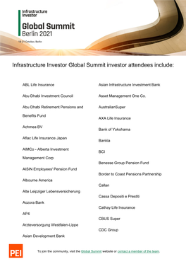 Infrastructure Investor Global Summit Investor Attendees Include