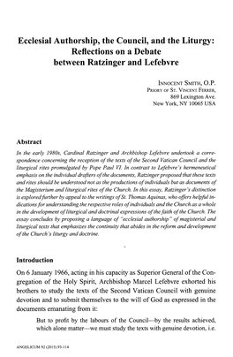 Ecclesial Authorship, the Council, and the Liturgy: Reflections on a Debate Between Ratzinger and Lefebvre