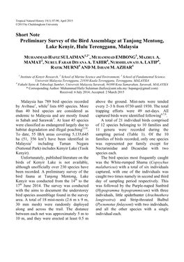 Short Note Preliminary Survey of the Bird Assemblage at Tanjong Mentong, Lake Kenyir, Hulu Terengganu, Malaysia