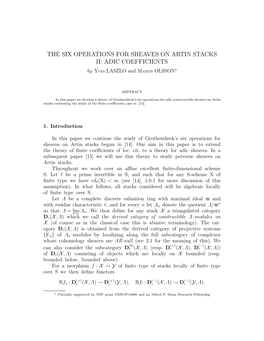 THE SIX OPERATIONS for SHEAVES on ARTIN STACKS II: ADIC COEFFICIENTS ? by YVES LASZLO and MARTIN OLSSON