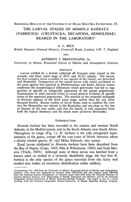 THE LARVAL STAGES of HOMOLA BARBATA (FABRICIUS) (CRUSTACEA, DECAPODA, HOMOLIDAE) REARED in the Laboratoryl