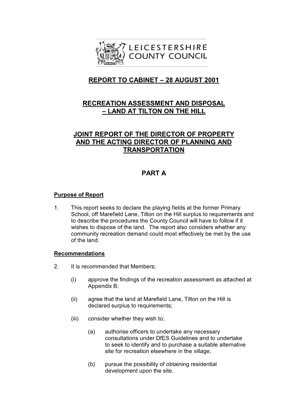 28 August 2001 Recreation Assessment and Disposal