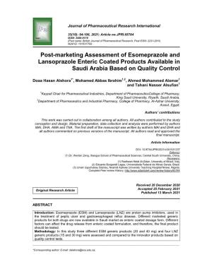 Post-Marketing Assessment of Esomeprazole and Lansoprazole Enteric Coated Products Available in Saudi Arabia Based on Quality Control