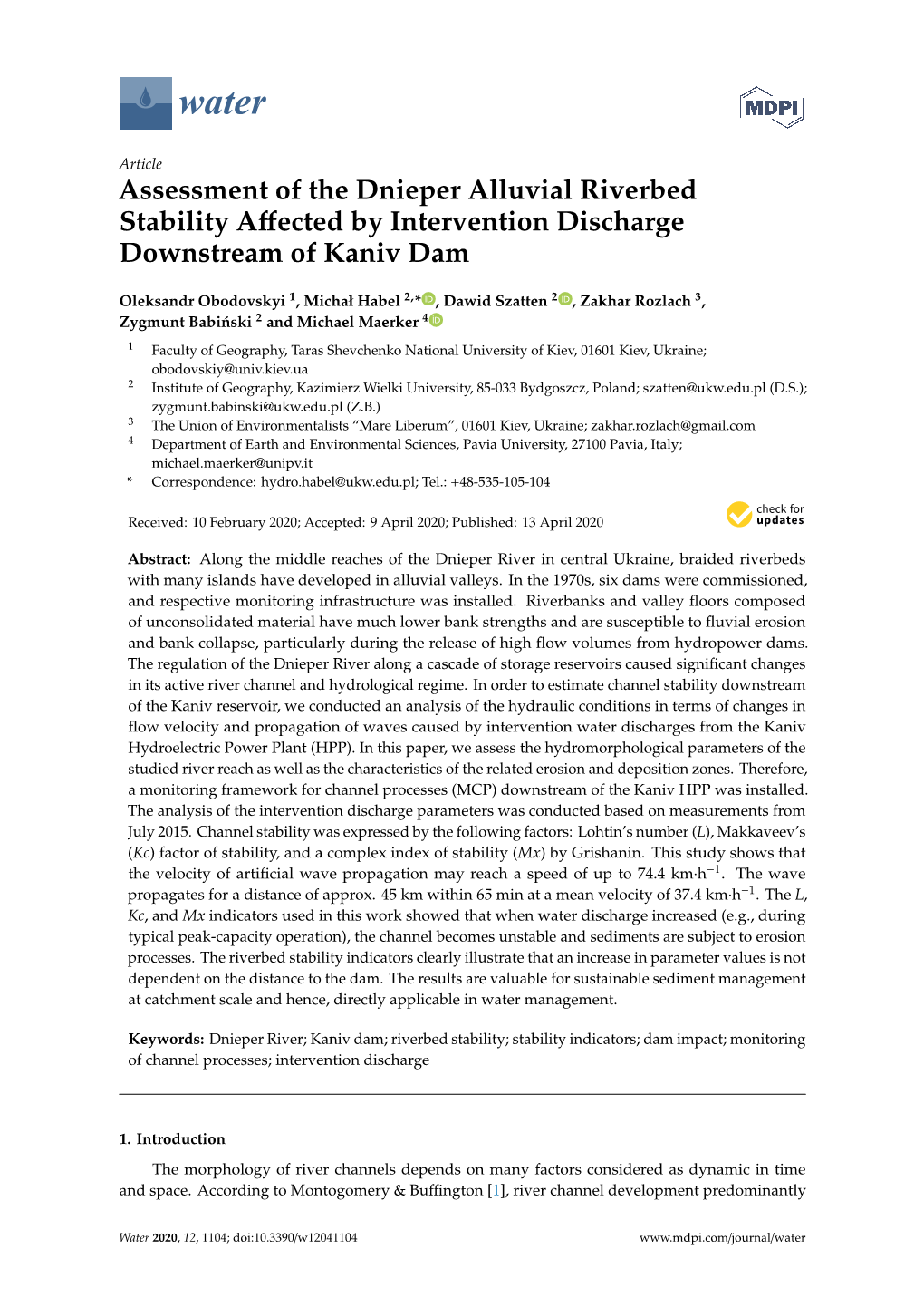 Assessment of the Dnieper Alluvial Riverbed Stability Affected By