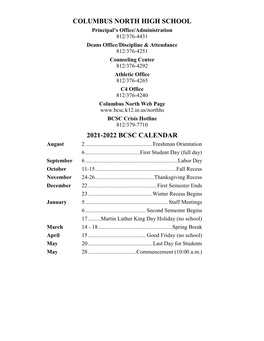 Columbus North High School 2021-2022 Bcsc Calendar