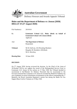 Hulse and the Department of Defence Re: Jensen [2020] DHAAT 15 (27 August 2020)