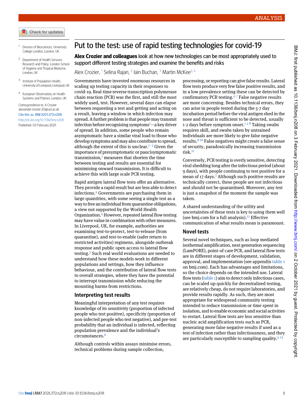 Put to the Test: Use of Rapid Testing Technologies for Covid-19 BMJ: First Published As 10.1136/Bmj.N208 on 3 February 2021