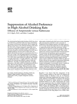 Suppression of Alcohol Preference in High Alcohol Drinking Rats Efficacy of Amperozide Versus Naltrexone R