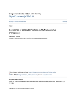 Occurrence of Psilocybin/Psilocin in Pluteus Salicinus (Pluteaceae)