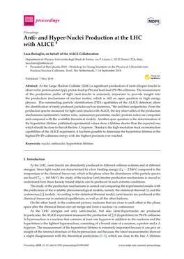 And Hyper-Nuclei Production at the LHC with ALICE †