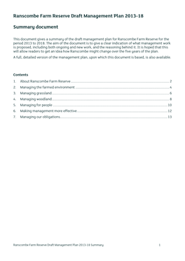 Ranscombe Farm Reserve Draft Management Plan 2013-18