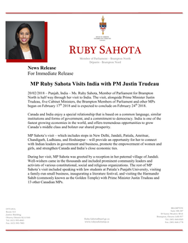RUBY SAHOTA Member of Parliament – Brampton North Députée - Brampton Nord News Release for Immediate Release