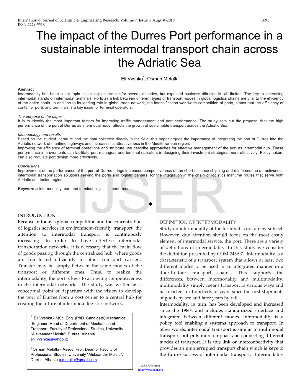 The Impact of the Durres Port Performance in a Sustainable Intermodal Transport Chain Across the Adriatic Sea