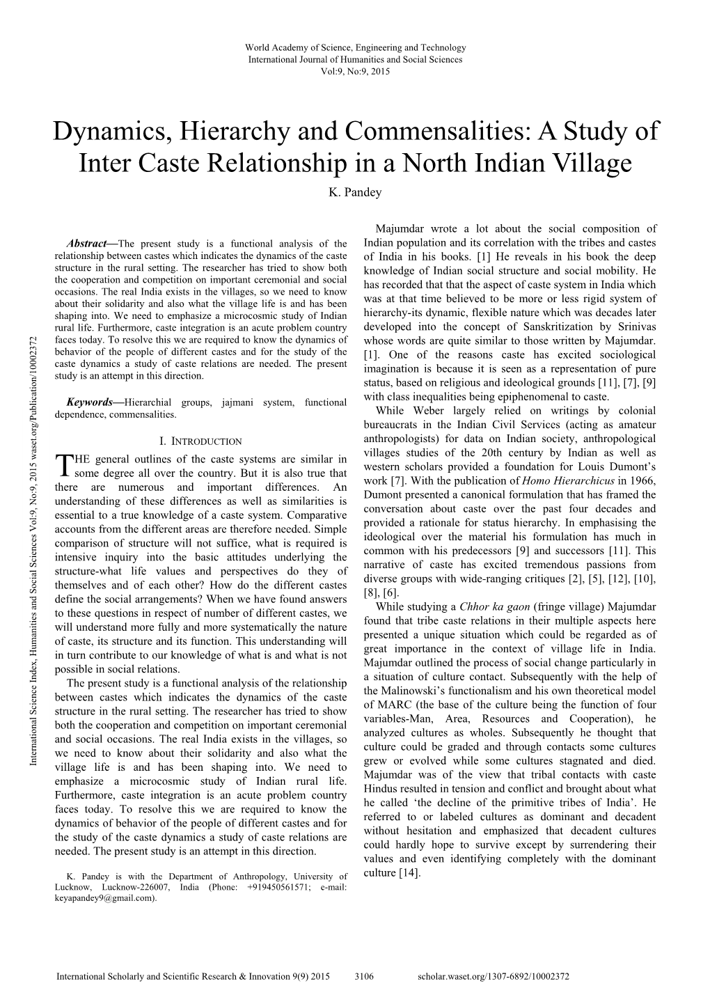 A Study of Inter Caste Relationship in a North Indian Village K