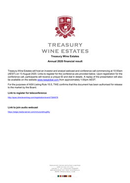 Treasury Wine Estates Annual 2020 Financial Result