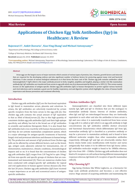 Applications of Chicken Egg Yolk Antibodies (Igy) in Healthcare: a Review