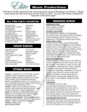 Elite Music Productions This Music Guide Represents the Most Requested Songs at Weddings and Parties