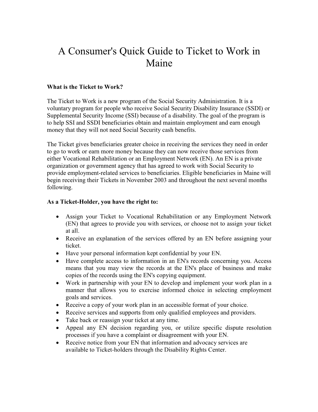 A Consumer's Guide to Ticket to Work Inmaine