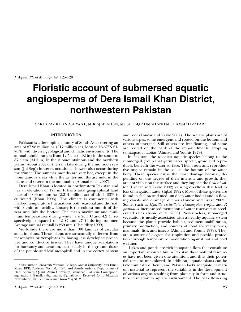 Floristic Account of Submersed Aquatic Angiosperms of Dera Ismail Khan District, Northwestern Pakistan